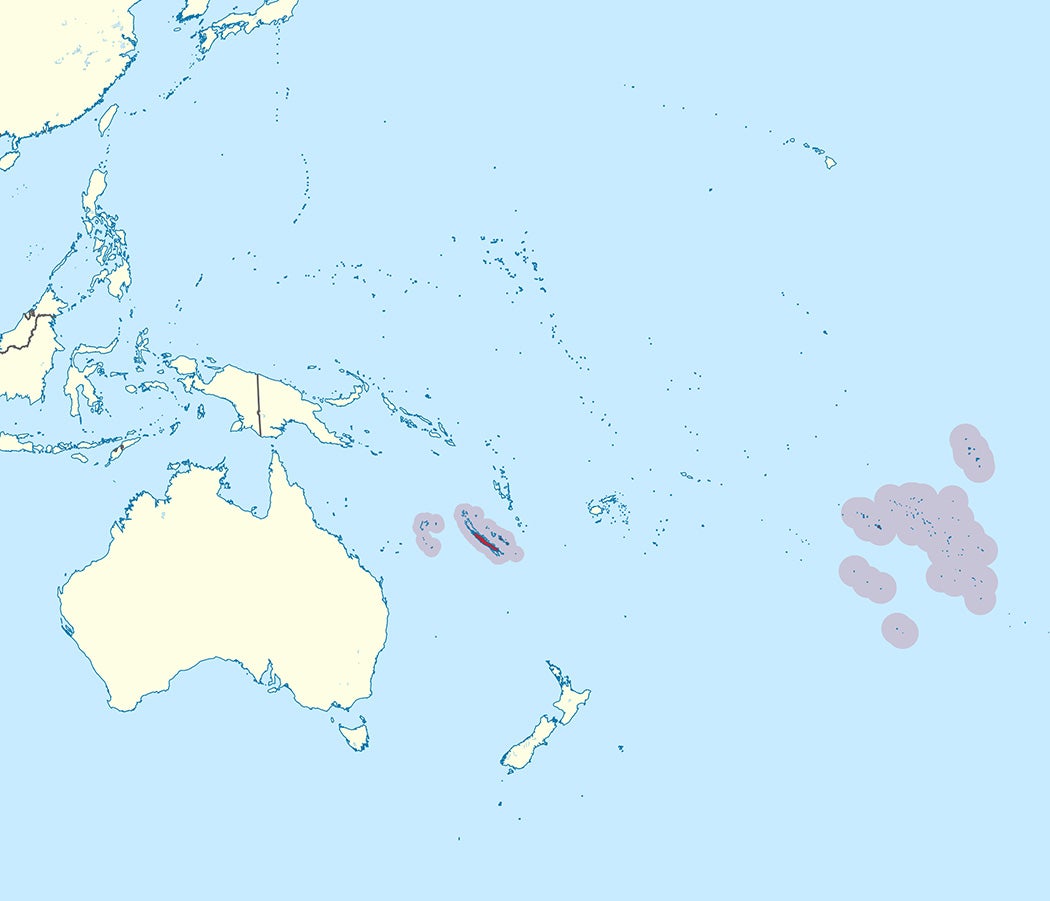 A map highlighting New Caledonia and French Polynesia