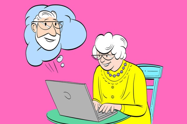A cartoon illustration of an elderly woman communicating on the internet