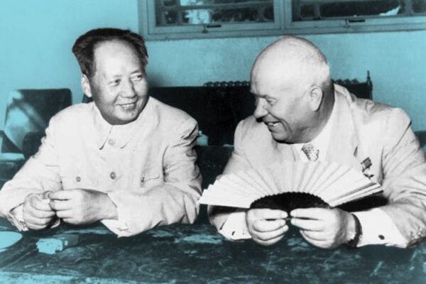 Mao Tse-tung facing Nikita Khrushchev during the Russian leader's 1957 visit to Peking