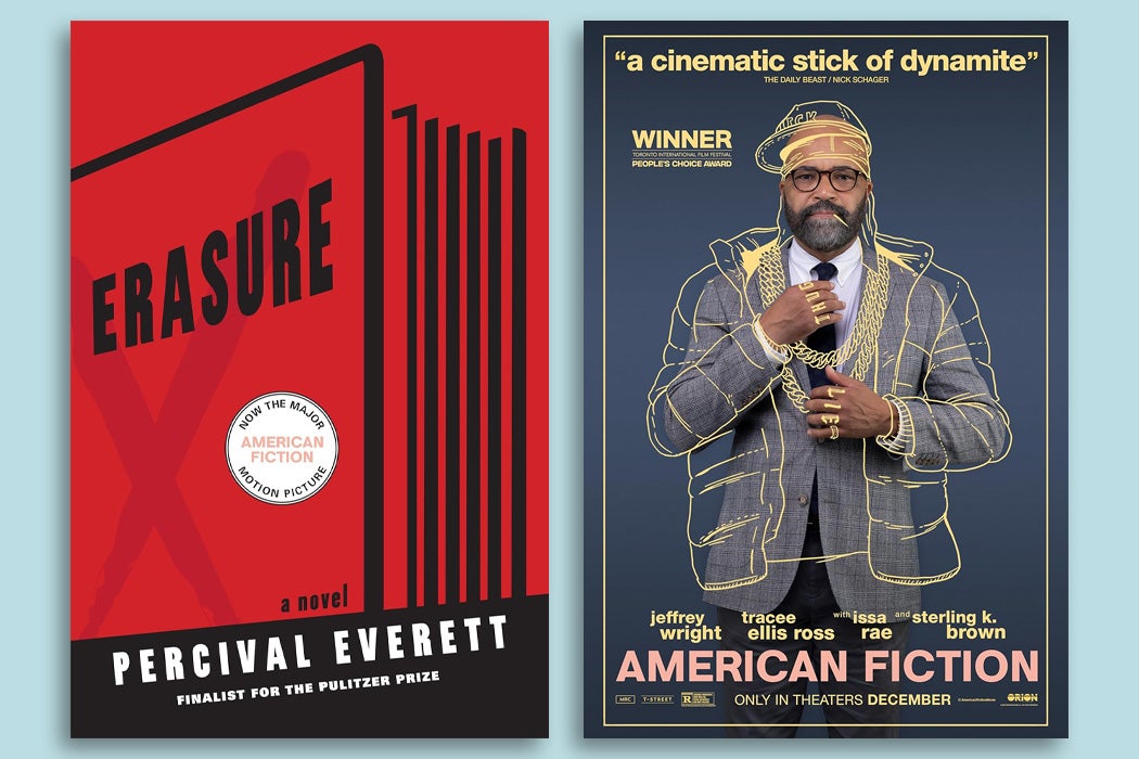 The covers of the book Erasure by Percival Everett and the film American Fiction