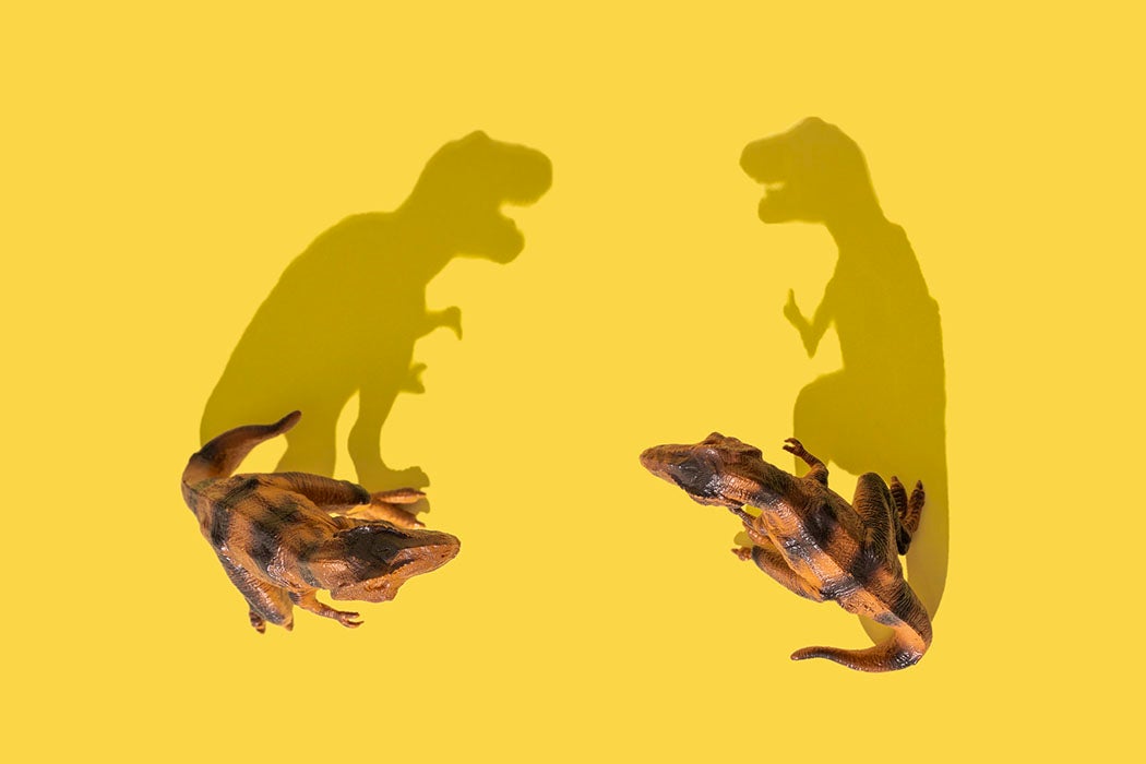two tyrannosaurus rex fighting on a yellow colored background