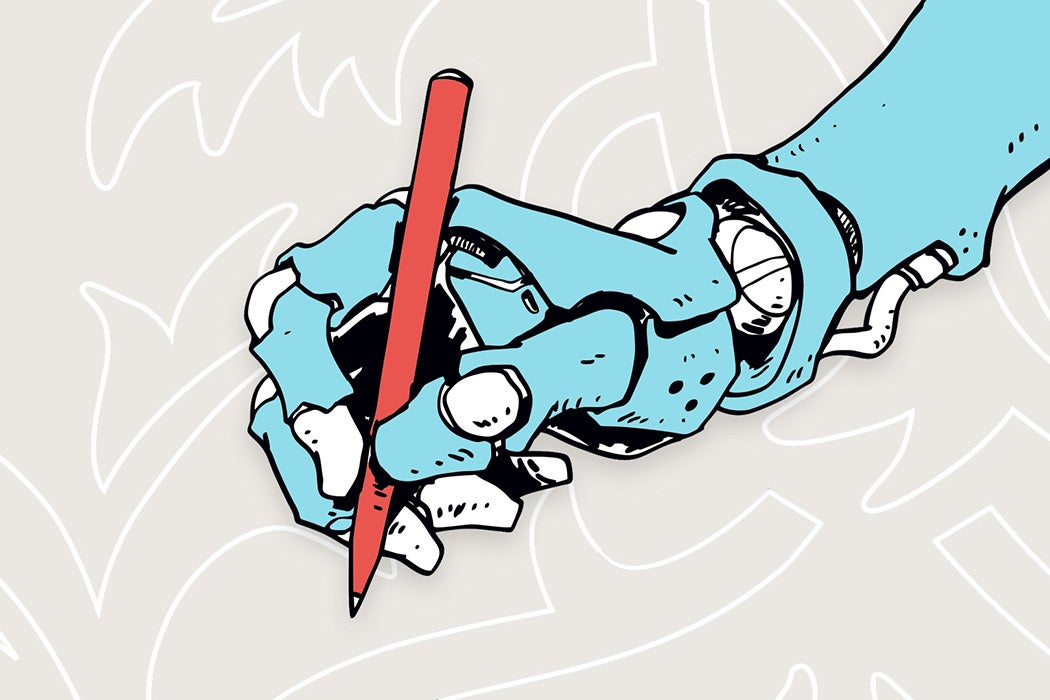 A robotic hand holding a pen