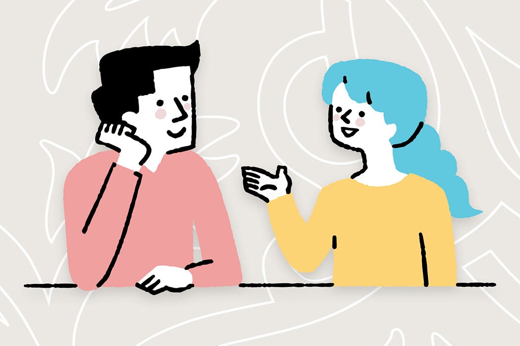 An illustration of two people talking