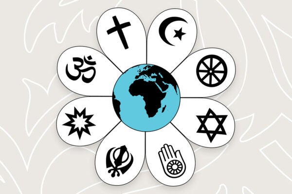 a globe surrounded by symbols of faith