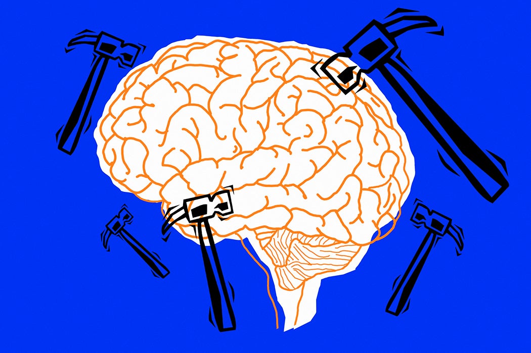 An illustration of a brain surrounded by moving hammers, representing a migraine headache