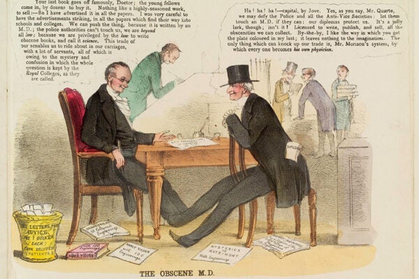 “The Obscene M.D.” Colored lithograph. Morality of Modern Medicine Mongers. British College of Health, 1852.
