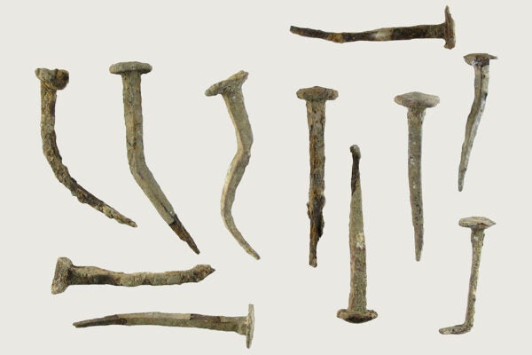 A collection of iron nails found in association with Roman material from between 50 and 400 CE.