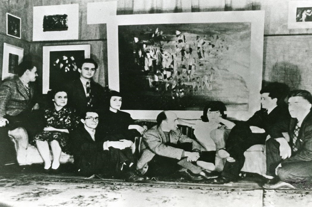 Exposition of Automatistes, 1947. Image includes Claude Gauvreau, Julienne Gauvreau, Pierre Gauvreau, Marcel Barbeau, Madeleine Arbour, Paul-Émile Borduas, Madeleine Lalonde, Bruno Cormier and Jean-Paul Mousseau.