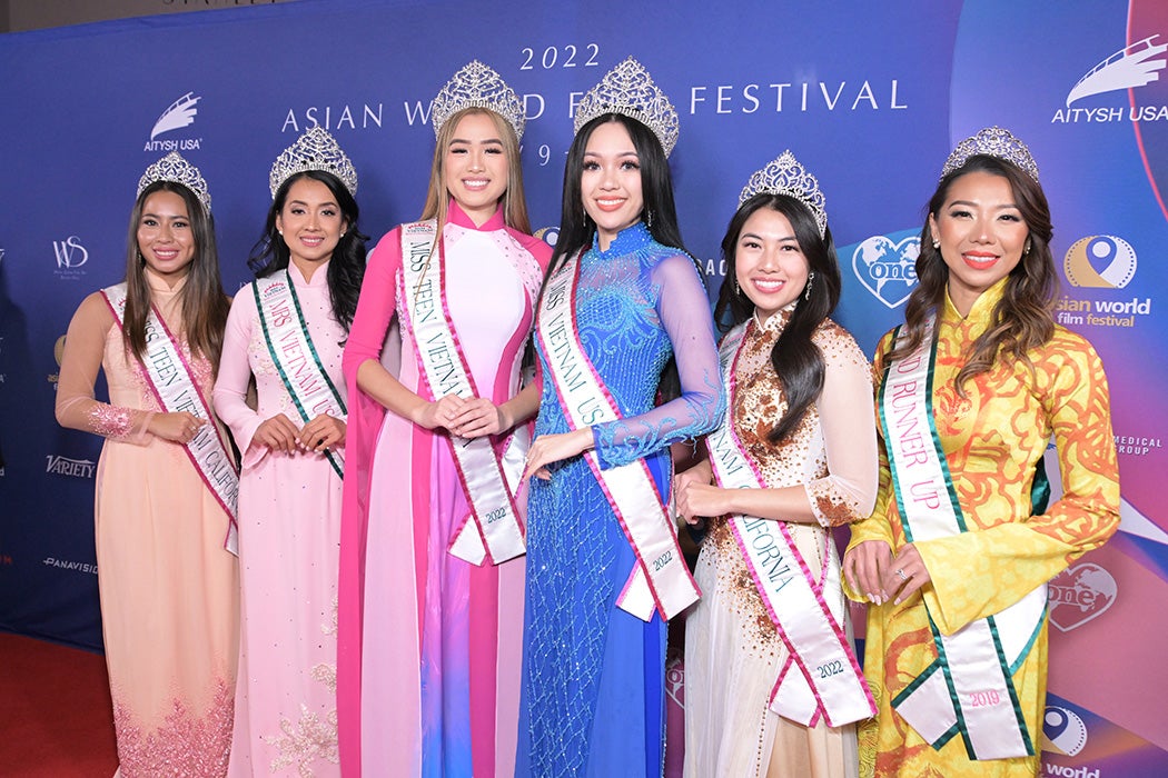 Several entries in the Miss Teen Vietnam pageant attend the closing night awards gala for the 8th annual Asian World Film Festival at Saban Theatre on November 18, 2022 in Beverly Hills, California.