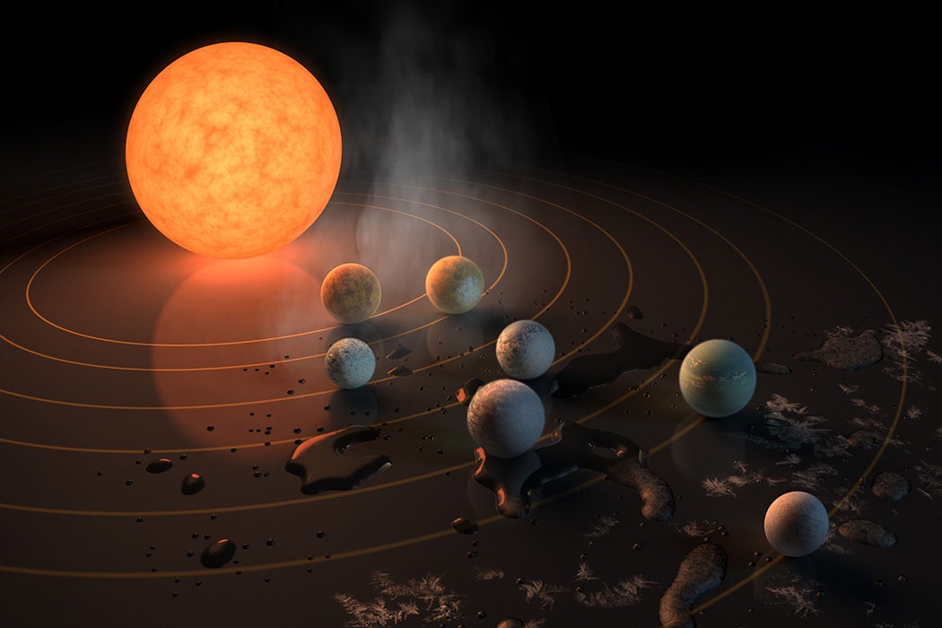 An illustration of seven Earth-size planets orbiting the TRAPPIST-1 star