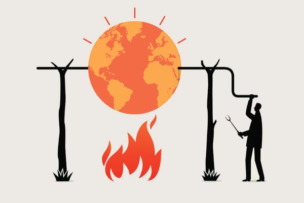 An illustration of a globe being heated over a fire on a spit