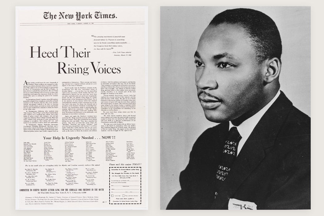 A full-page newspaper advertisement published in the New York Times on March 29, 1960. It was paid for by the Committee to Defend Martin Luther King and the Struggle for Freedom in the South.