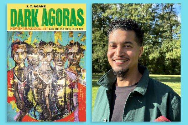 JT Roane alongside the cover of his book, Dark Agoras: Insurgent Black Social Life and the Politics of Place