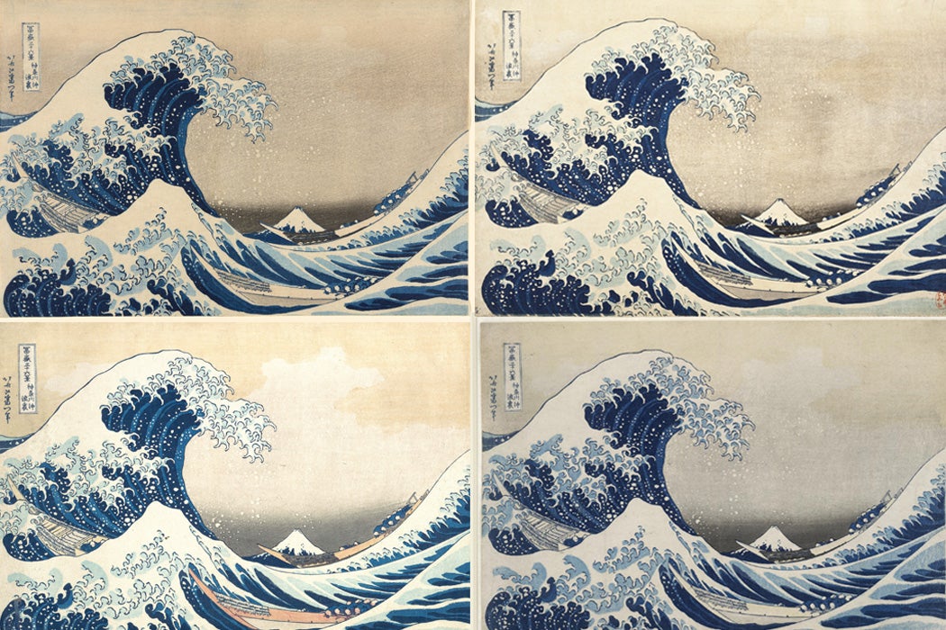 Four versions of Hokusai's Great Wave, from the Art Institute of Chicago, LACMA, Tokyo National Museum, and British Museum