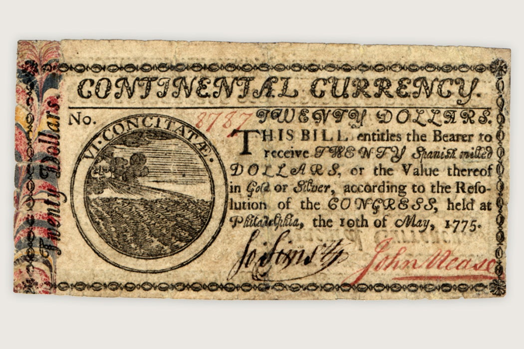 Continental Currency $20 banknote with marbled edge (May 10, 1775)