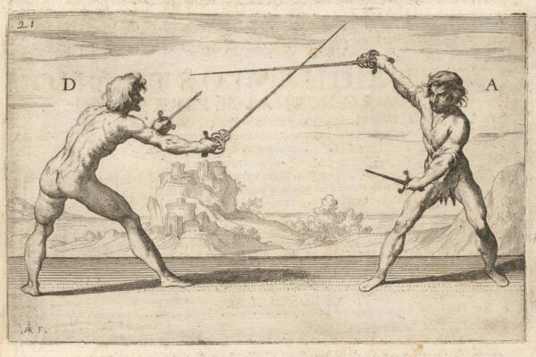 An illustration showing fencing positions, 1610