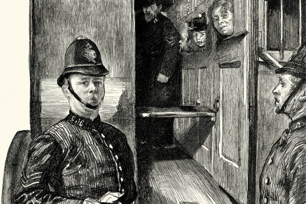 Vintage engraving showing police officers transporting prisoners in to the London Police Courts