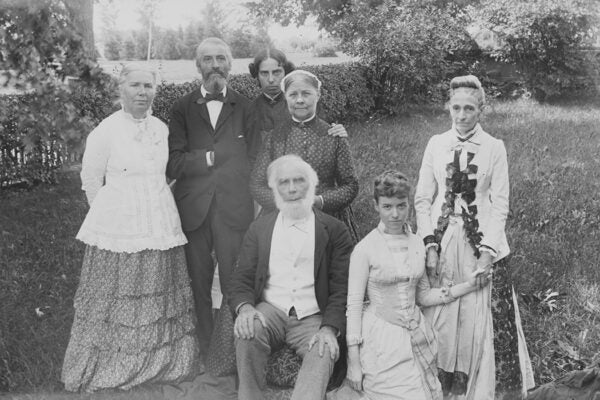 Group portrait of members of the Blackwell and Spofford families outside on a lawn. Photograph probably shows (back row, left to right): Dr. Emily Blackwell, Mr. Ainsworth Spofford, Alice Stone Blackwell, and Lucy Stone; (front row, left to right): Henry Browne Blackwell, Florence Spofford and Mrs. Sarah (Partridge) Spofford. (Source: similar image at Harvard University, Schlesinger Library, Blackwell Family Papers)