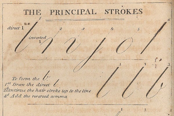 An illustration depicting how to write certain characters in cursive from Art of Writing by John Jenkins, 1818