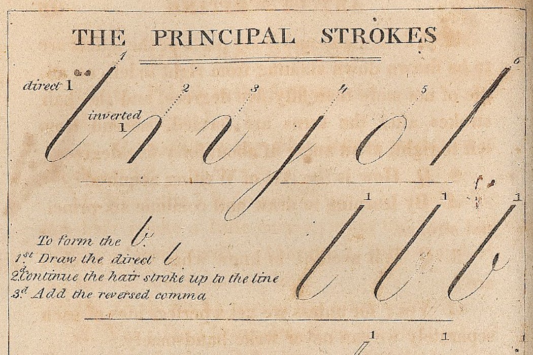 An illustration depicting how to write certain characters in cursive from Art of Writing by John Jenkins, 1818