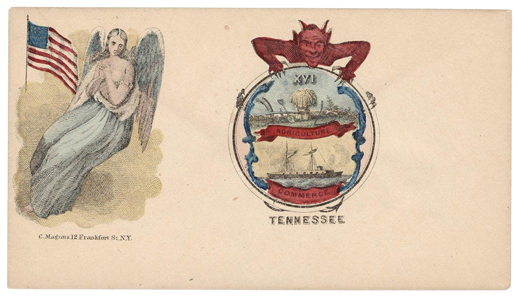 Design shows angel protecting the Union and devil attached to seal of Tennessee. Handpainted design in full color. C. Magnus, 12 Fankfort St., N.Y.