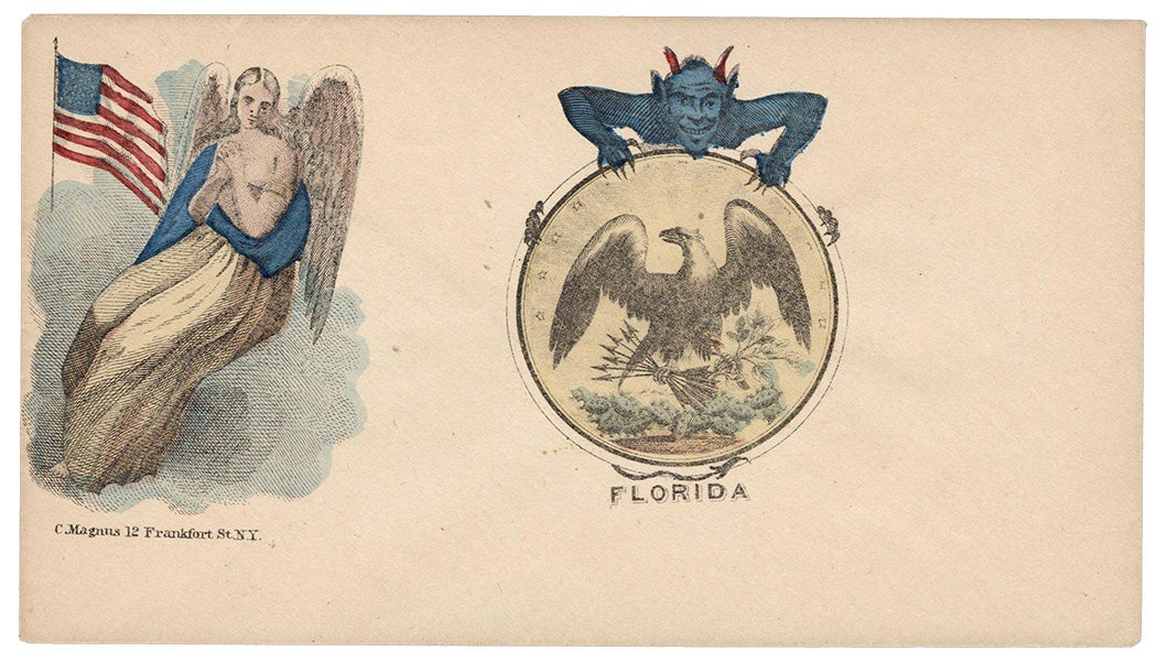 Design shows angel protecting the Union and devil attached to seal of Florida. Handpainted design in full color. C. Magnus, 12 Fankfort St. N.Y.