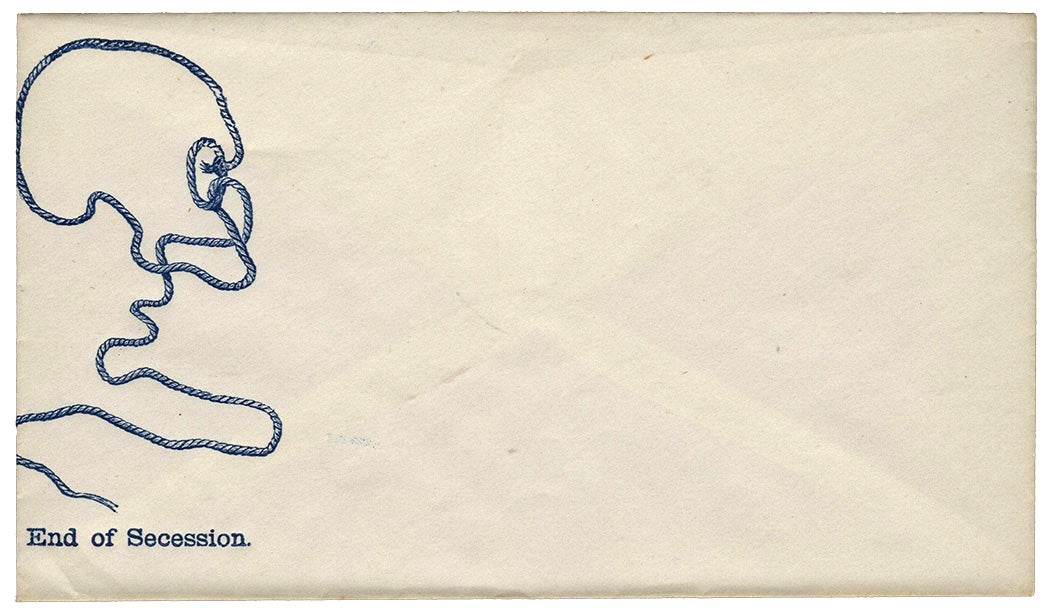 Design shows hangman's rope in shape of a skull with "End of Secession." Design in blue on white envelope.