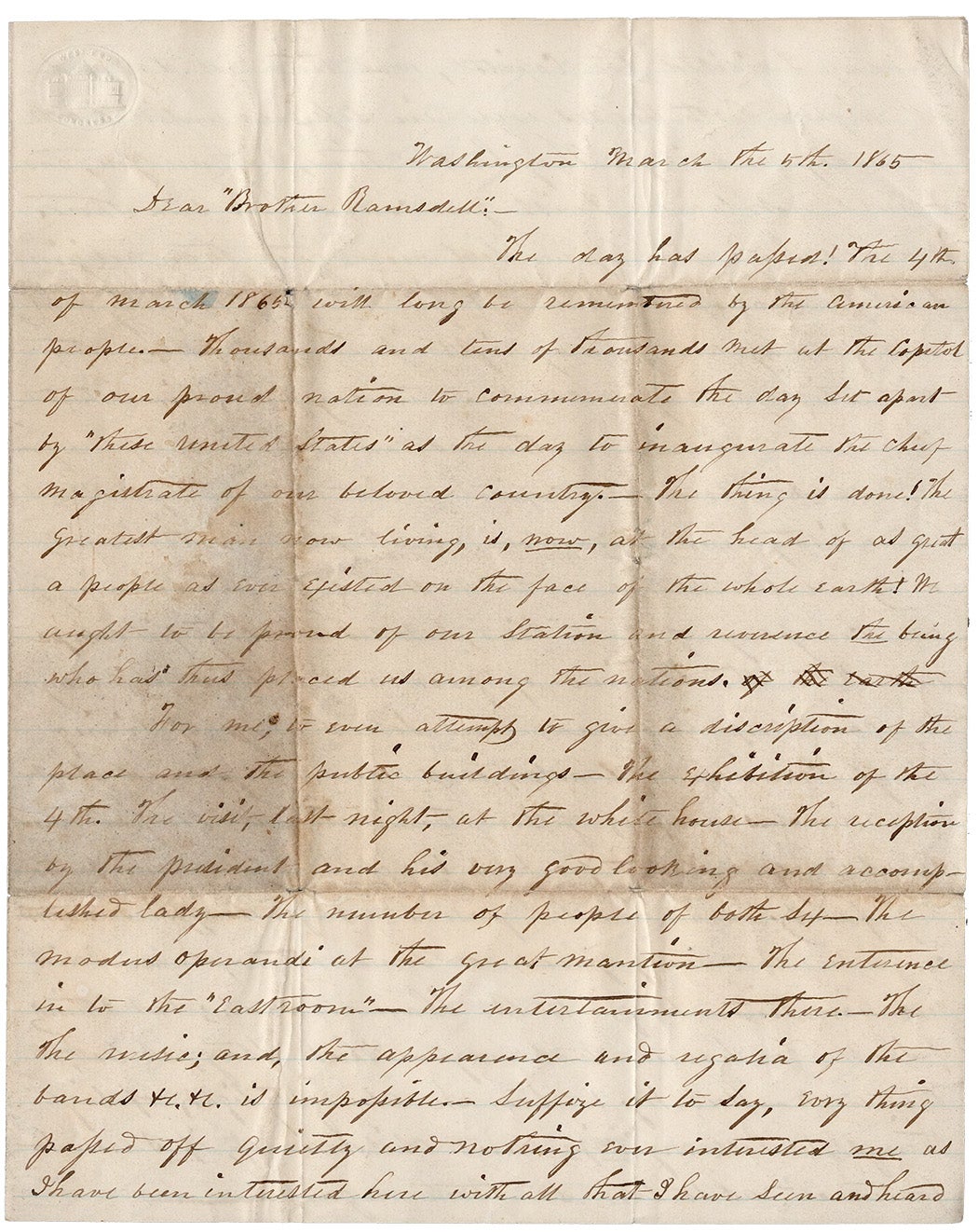 Letter describing Abraham Lincoln's second Inaugural Address, the celebrations, and his impressions of Washington, D.C., Baltimore, Pittsburgh, and Harrisburgh. The letter is accompanied by an envelope addressed to Mr. Claude Hamilton from the Lincoln National Life Insurance Co. with images of Lincoln and his birthplace.