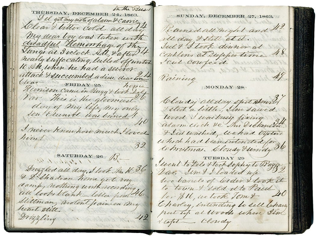 Theodore Victor Peticolas, born 29 Feb. 1800 in Lancaster, Pennsylvania, was a fruit farmer in Union Township, Clermont County, Ohio at the time he maintained this diary. It contains his account of the day-to-day routine farm work, crops, family, neighbors, and social life.