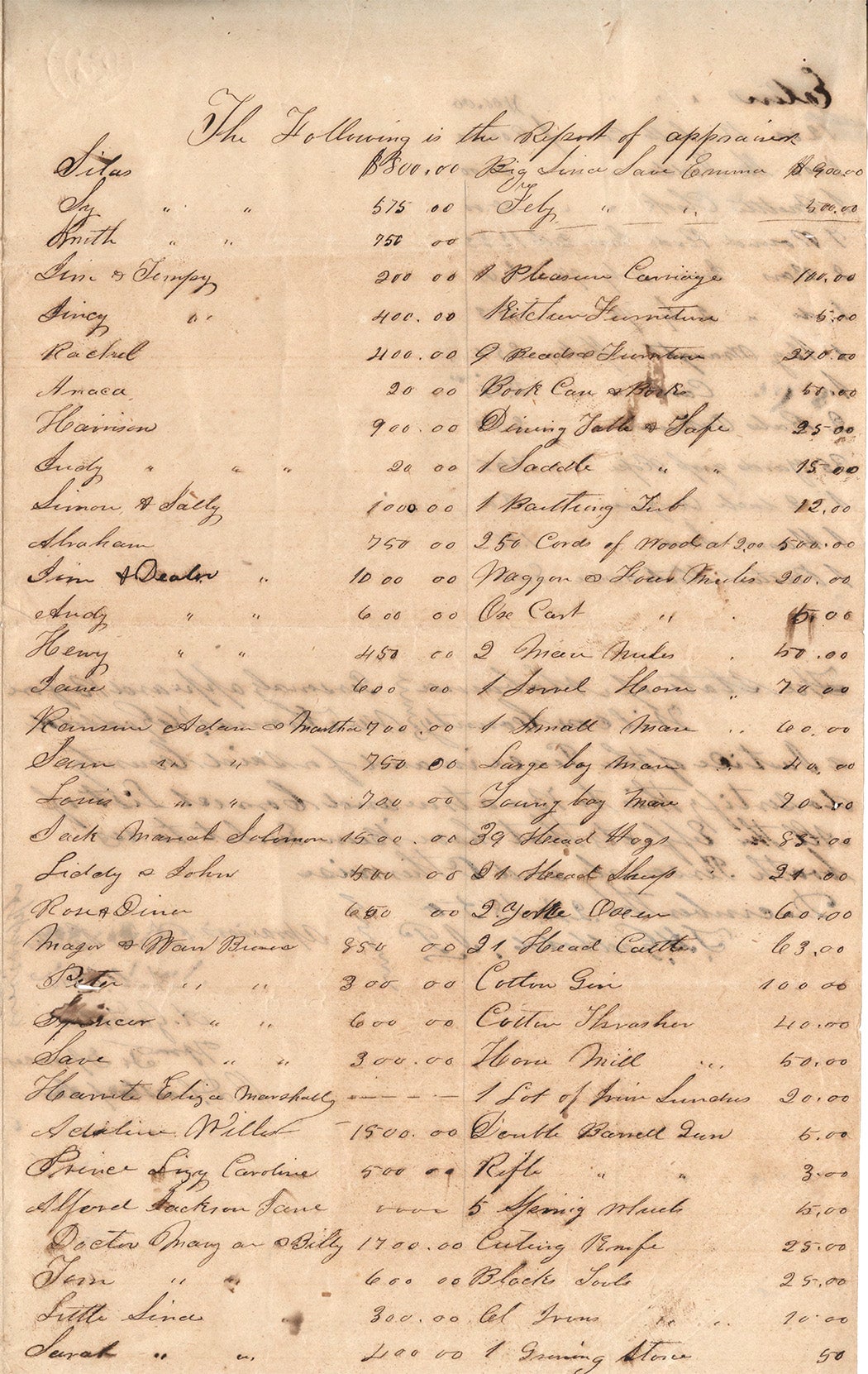 Appraisal of the estate of William B. Stover, 1850