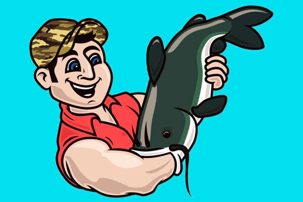 Illustration of a man catching a catfish with his arm.