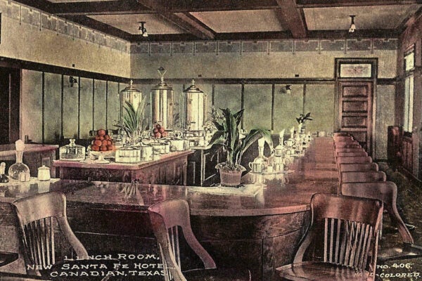 Postcard photo of the lunchroom of the Santa Fe Hotel at Canadian, Texas, 1913