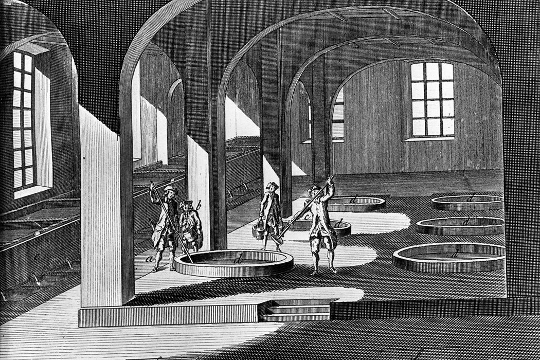 Stirring sunken vats in the interior of a soap factory, 1771
