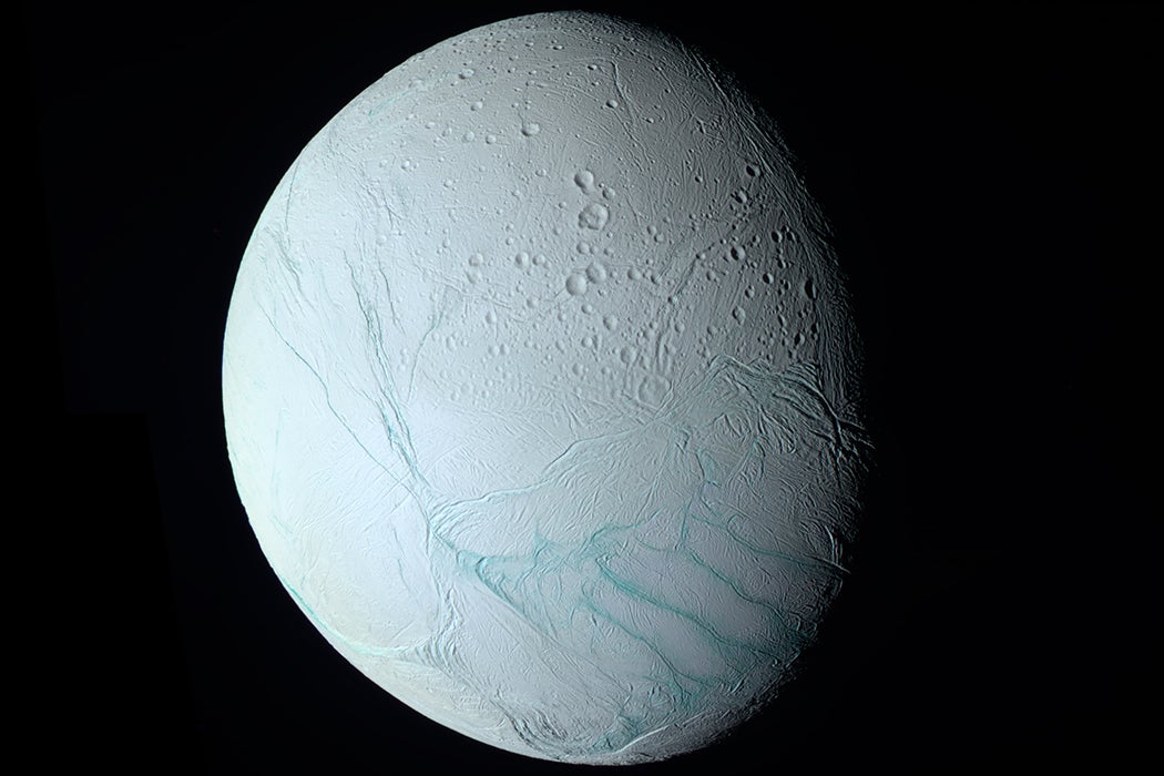 An image of Enceladus assembled using infrared, green, ultraviolet, and clear filtered images taken by Cassini on July 14, 2005