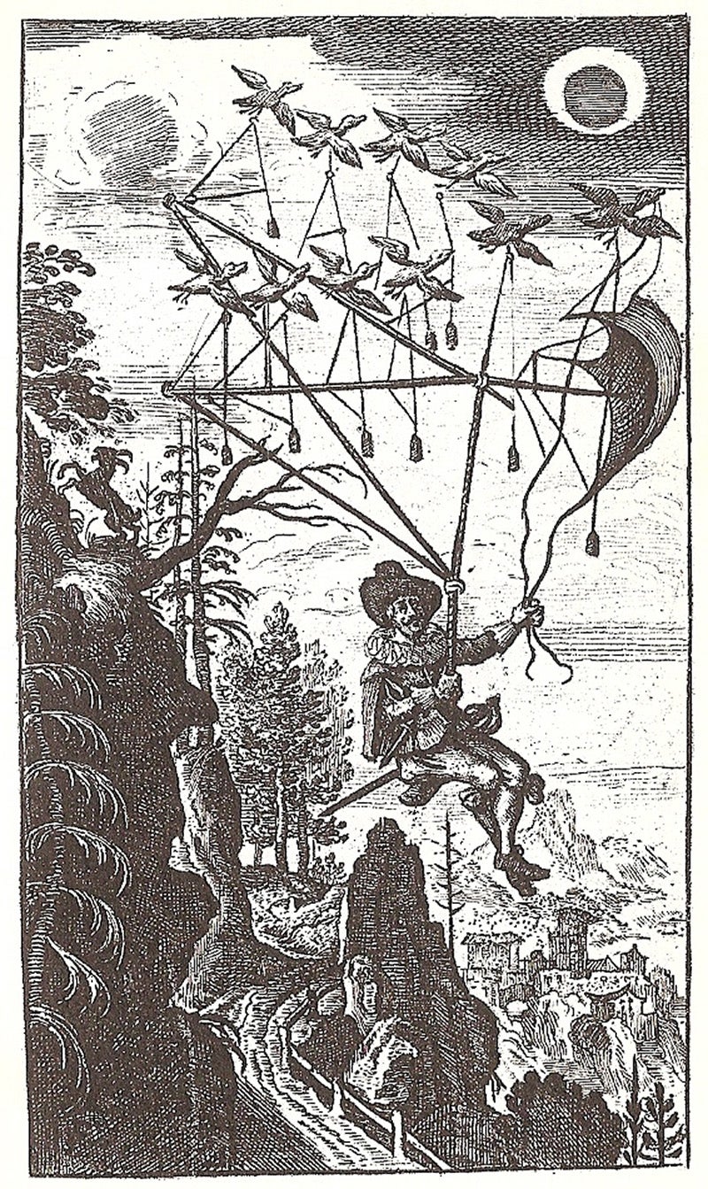 Frontispiece of the 1659 edition of Der Fliegende Wandersmann nach dem Mond, a German translation of Bishop Godwin's The Man in the Moone