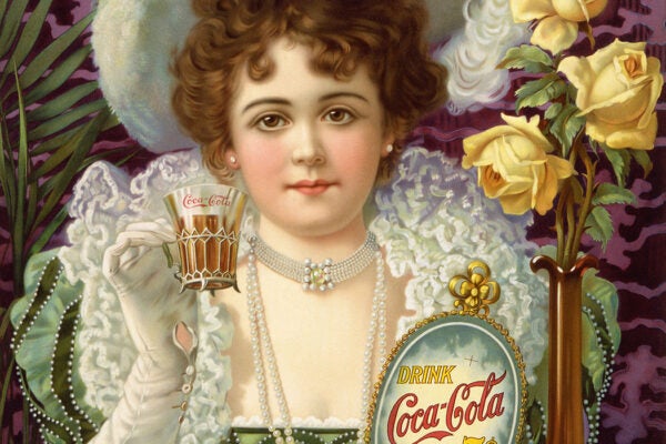 An 1890s advertising poster showing a woman in fancy clothes (partially vaguely influenced by 16th- and 17th-century styles) drinking Coke