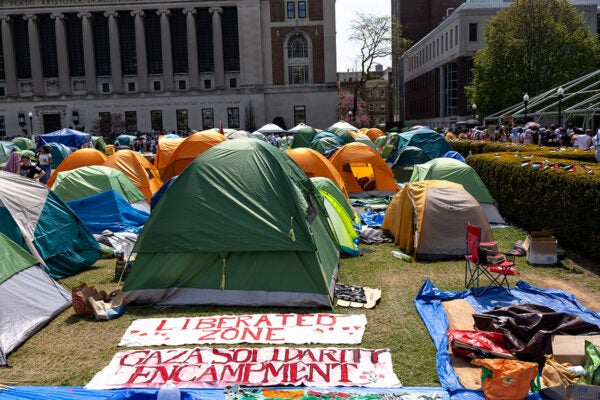 Students hold space at the Pro-Palestinian "Gaza Solidarity Encampment" in the West Lawn of Columbia University on April 29, 2024 in New York City.