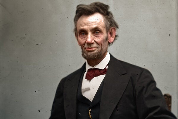 A colorized photograph of Abraham Lincoln in February of 1865
