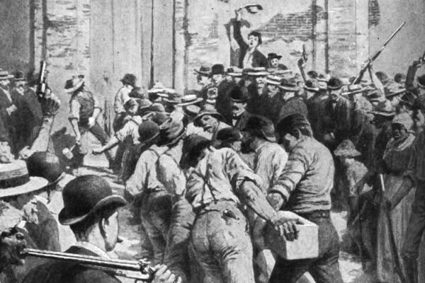 Citizens breaking down the door of the parish prison to lynch Italians held for the murder of police chief David Hennessy, 1891