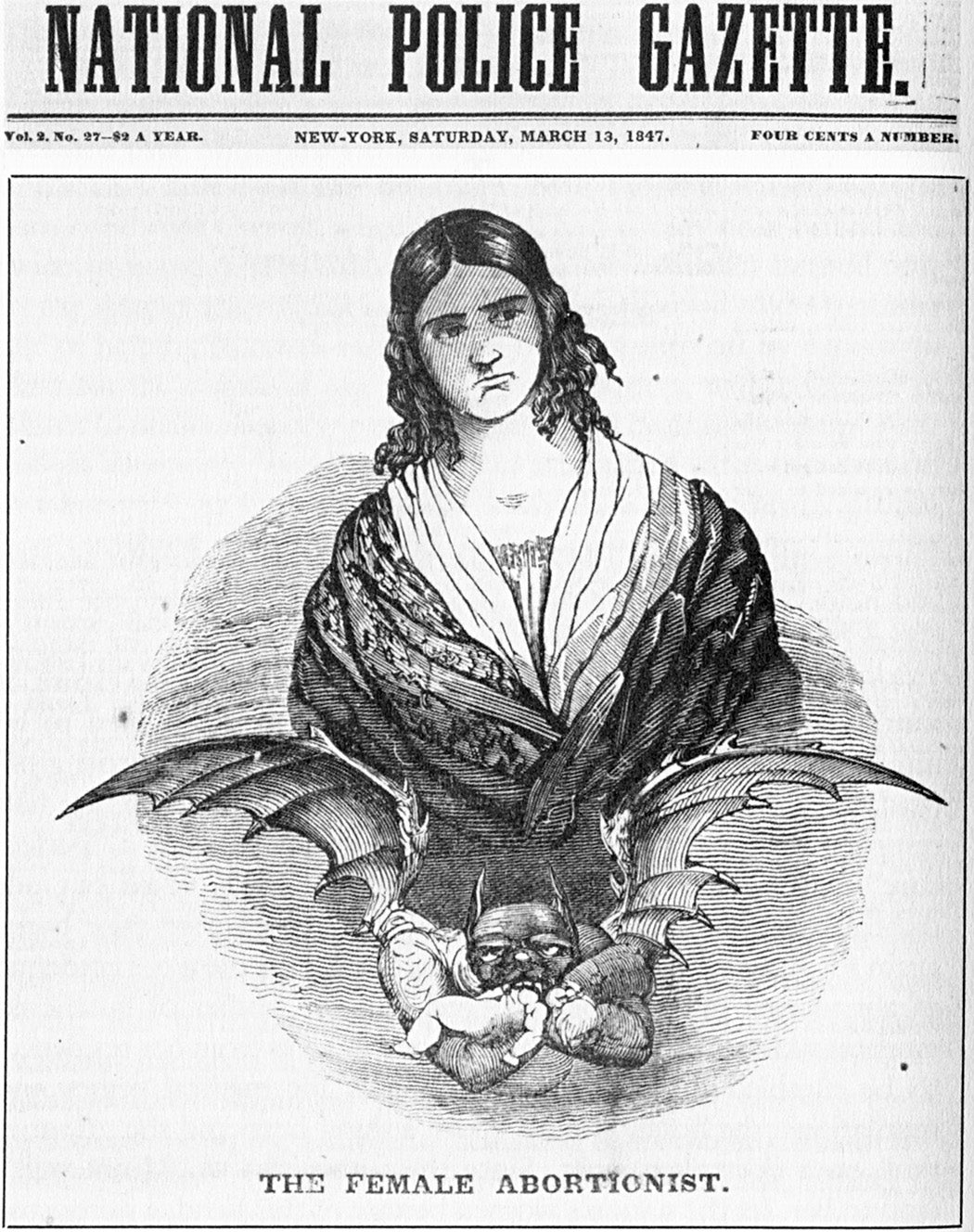 Abortionist Ann Lohman (a.k.a. Madame Restell) as imagined in the 13 March 1847 edition of the National Police Gazette