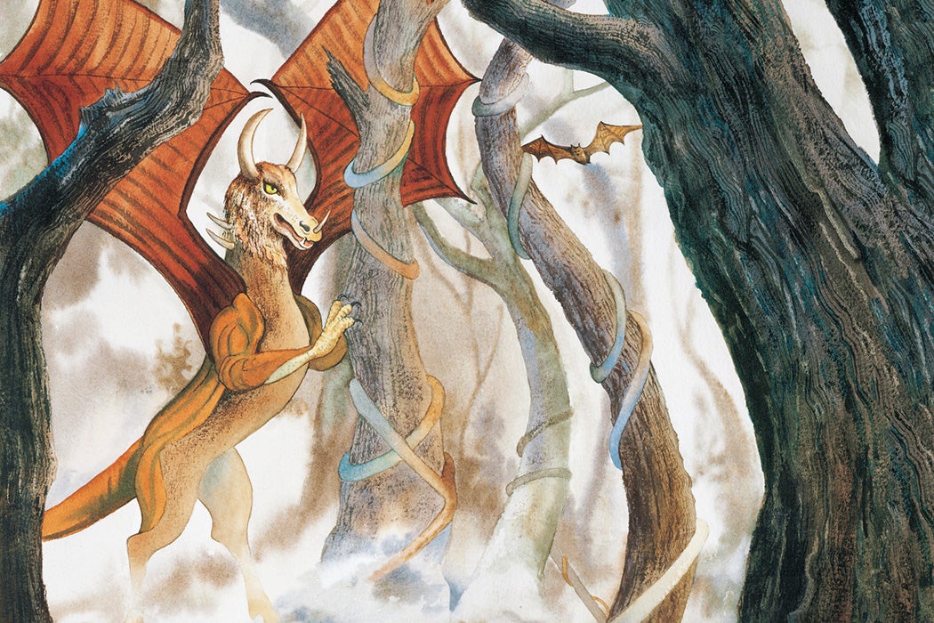 A watercolor Jersey Devil depicts the popular and well known legendary character that has haunted the Jersey Pine Barrens since colonial times. The Jersey Devil is described as having the head and neck of a horse with the horns of a bull, wings of a bat, tail of a serpent, talons of an eagle and cloven hooves of a goat.