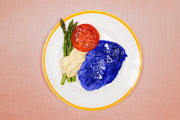 A plate with mashed potatoes, tomato, asparagus, and a blue steak