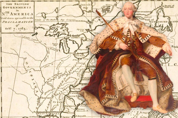 A map outlining the Proclamation of October 7, 1763, overlaid with a portrait of King George III.