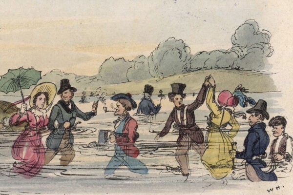 A group of smartly-dressed ladies and gentlemen swimming around in a pond