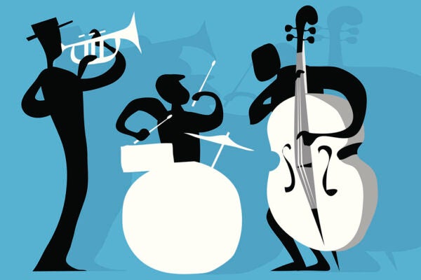 A stylized illustration of a jazz trio including a trumpeter, bassist and drummer