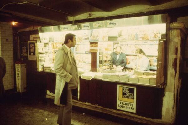 A magazine stand on a subway platform in New York City, 1974