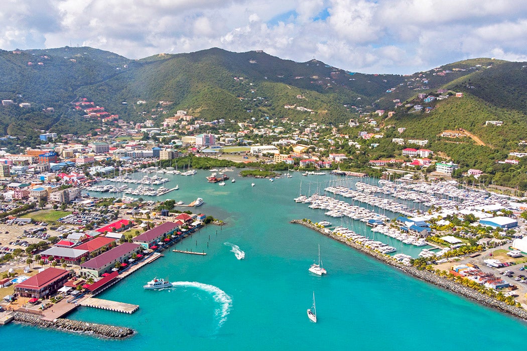 Aerial view towards waterfront of Road Town, Tortola