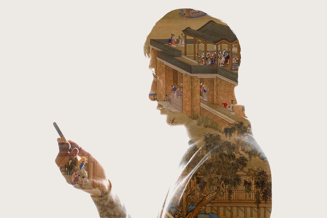 Silhouette of man using mobile phone with a Qing Dynasty era painting in the background