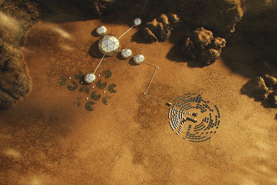 Human base on a new planet, aerial view