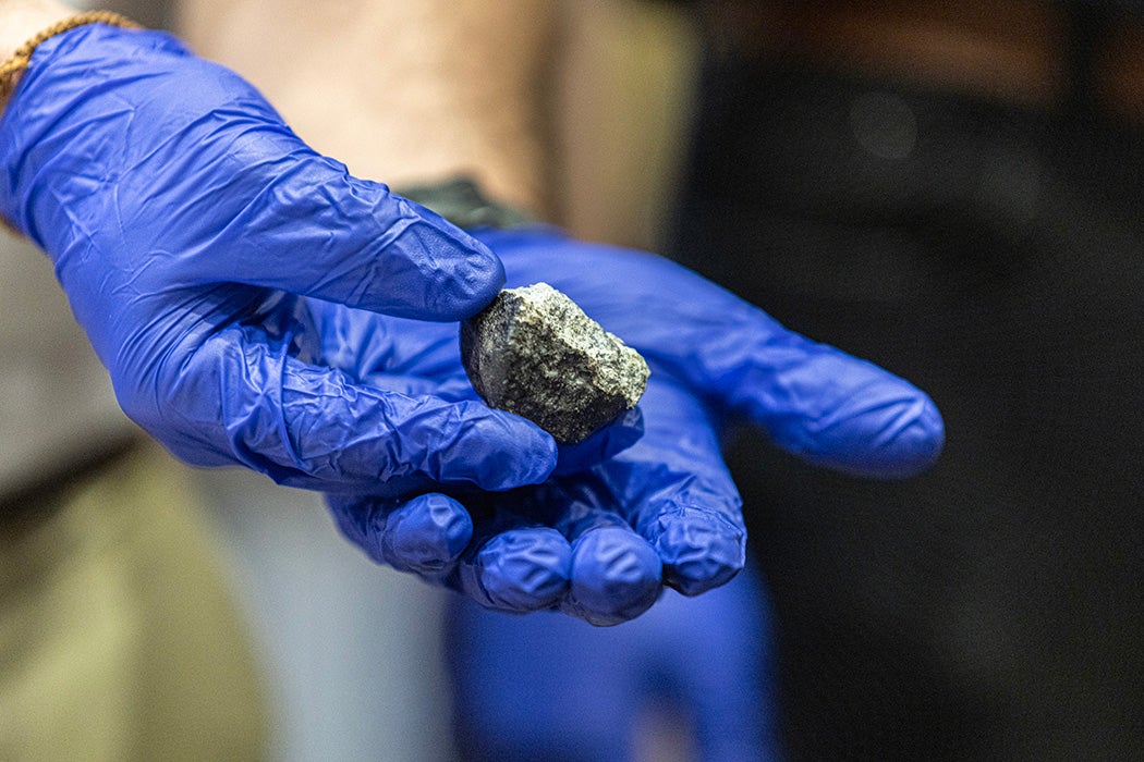 The main mass of the Nqweba meteorite showing the black fusion crust and brecciated interior (light grey) with broken mineral and rock fragments.